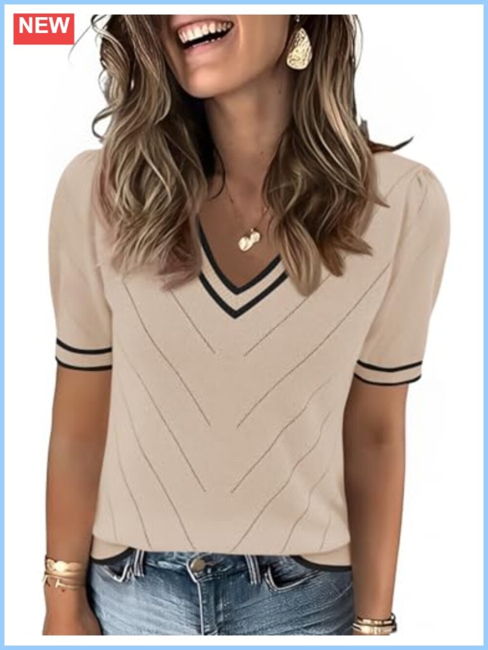 Women's V-Neck Puff Short Sleeve Lightweight Knit Pullover Sweater Top Blouse